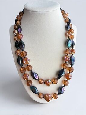 Iridescent Black and Amber Glass Bead Necklace - Austria
